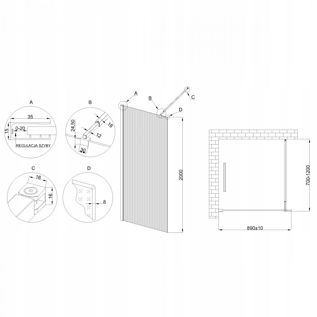 INVENA KABINA WALK-IN II 90X200CM RYFLOWANA 8MM SHINY-GLASS CHROM
