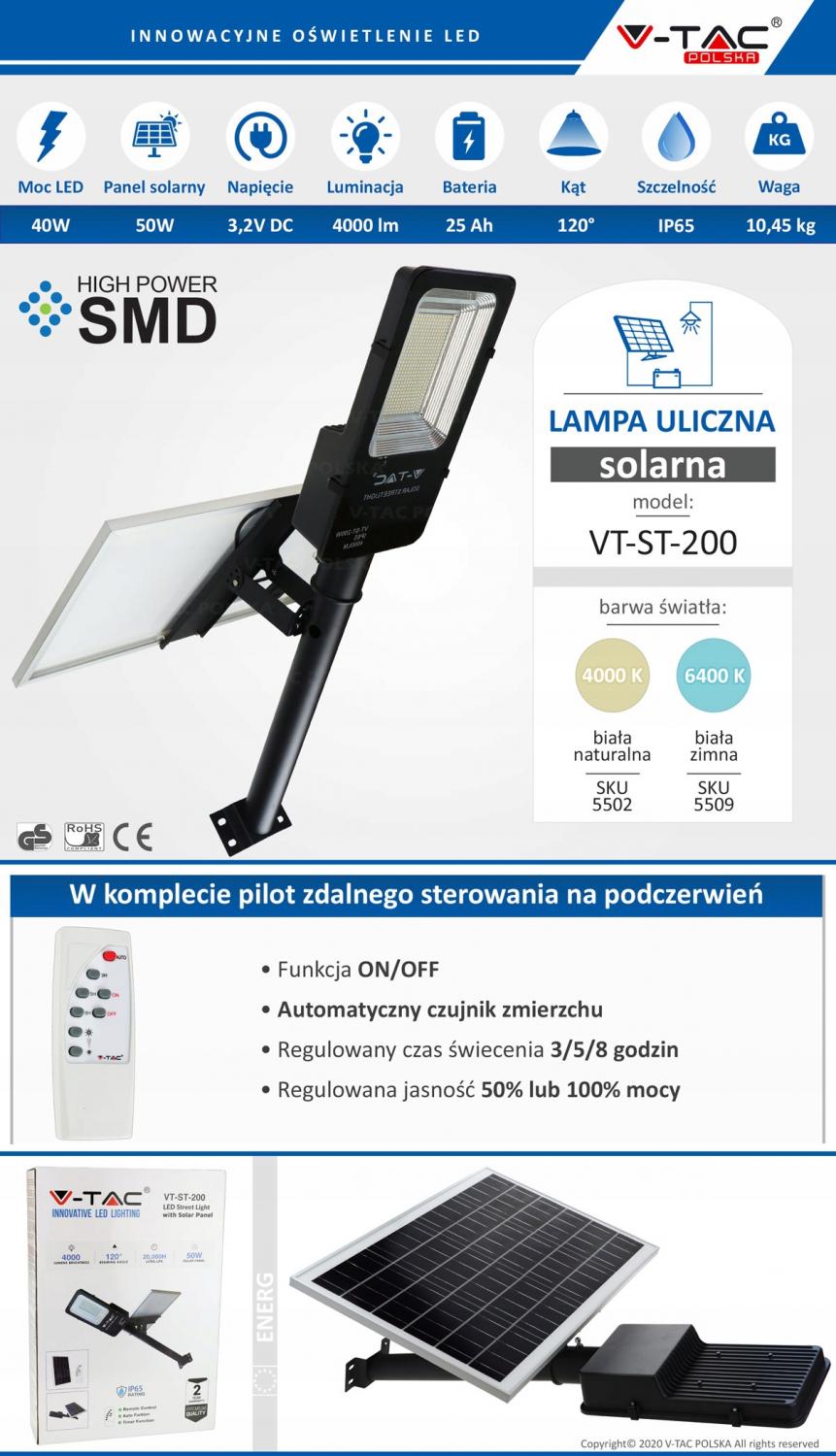 V-TAC Oprawa Uliczna Solarna V-TAC 50W LED IP65 VT-ST200 4000K 4000lm