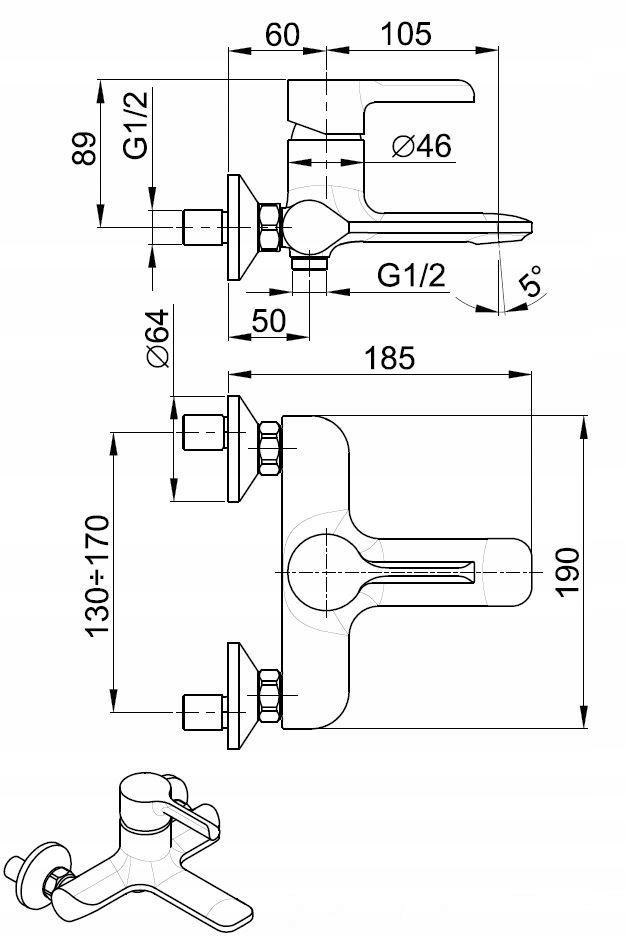 Bateria wannowa ścienna ARMATURA KRAKÓW BARYT 1-uchwyt 2-otw mosiężna chrom