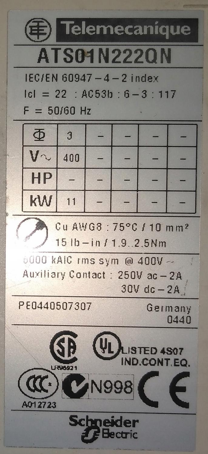 Układ łagodnego rozruchu ATS01 3-fazowe 380/415VAC 50/60Hz 11kW 22A IP20