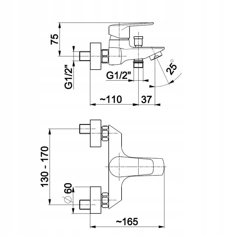 Bateria wannowa ścienna ARMATURA KRAKÓW GRANAT 1-uchw 2-otwor mosiądz chrom