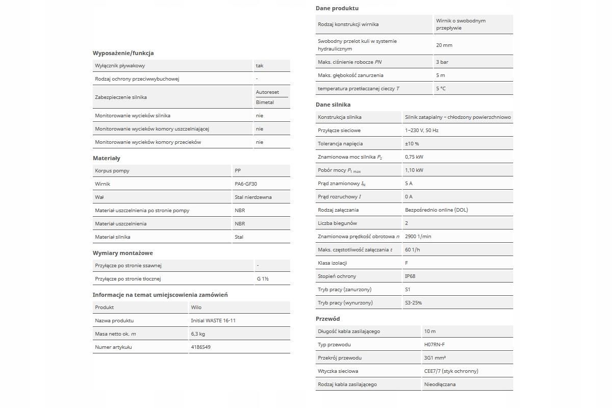Pompa drenażowa WILO do wody szarej i ścieków INITIAL WASTE 16-11 48h