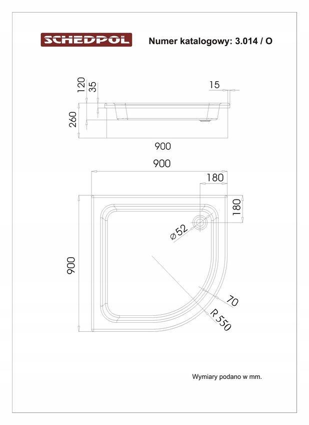 SCHEDPOL Brodzik akryl Grawello z podbud Stabilsound Plus 90x90 półokrągły