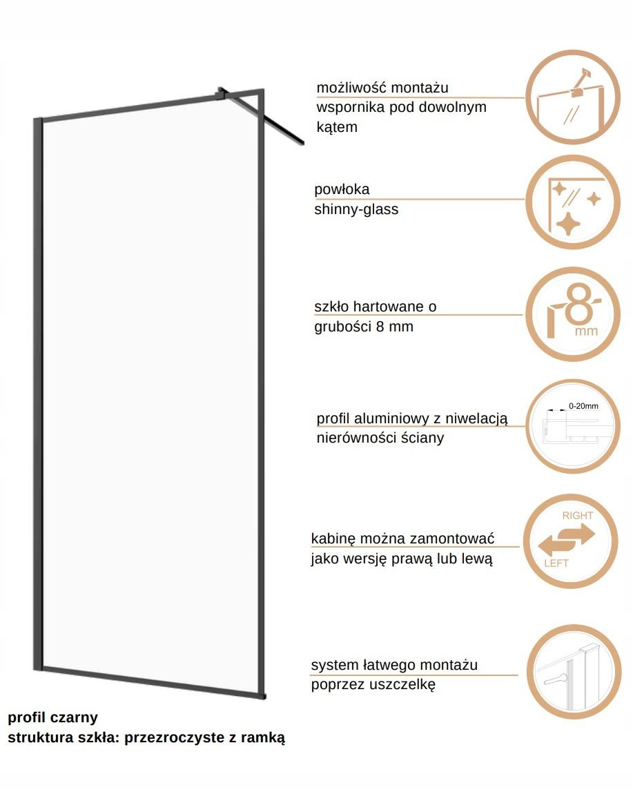 INVENA KABINA WALK-IN II 90X200CM RAMKA 8MM SHINY-GLASS CZARNY
