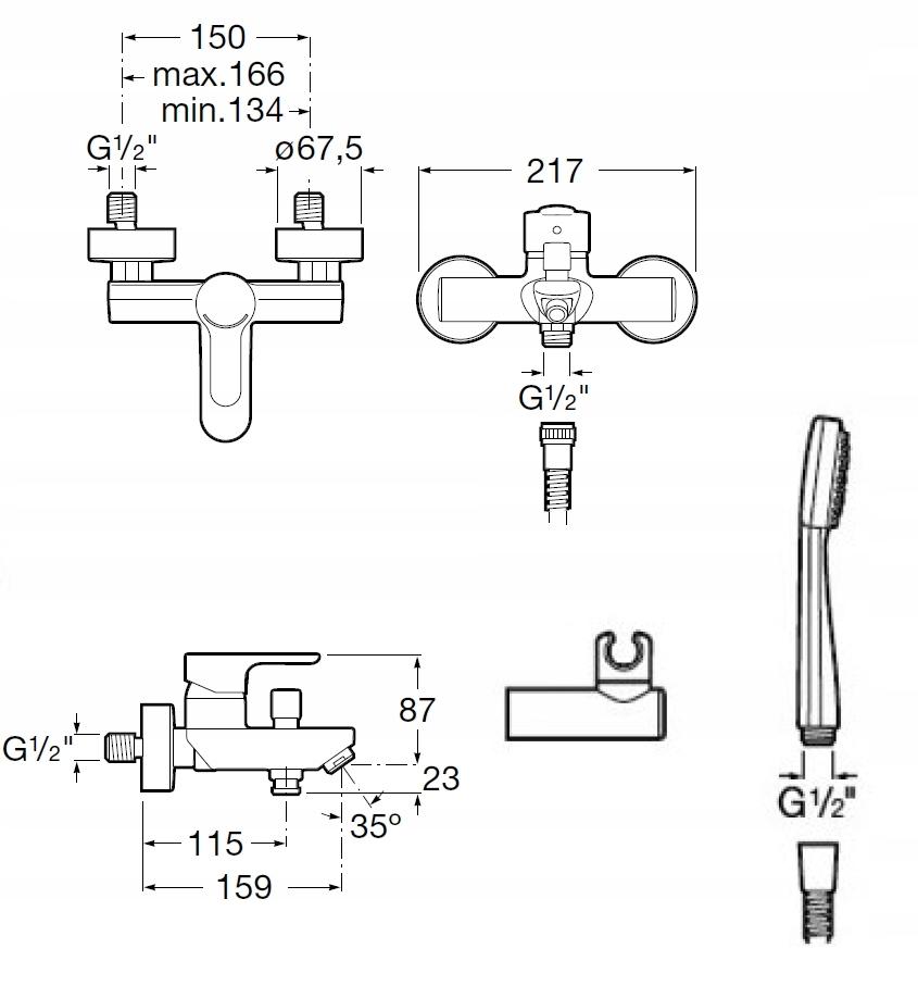 Bateria wannowo-natryskowa ścienna ROCA MALVA 1-uchwyt. 2-otworowa chrom