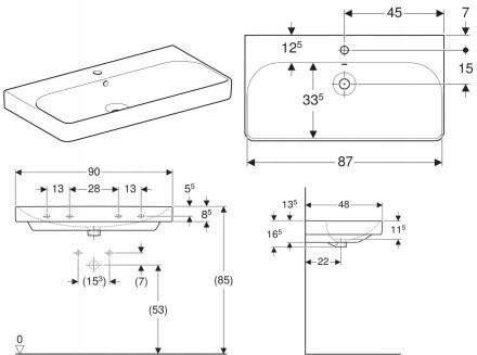 Umywalka Smyle Square B90 cm, H16.5 cm, T48 cm, z przelewem, z otworem na b