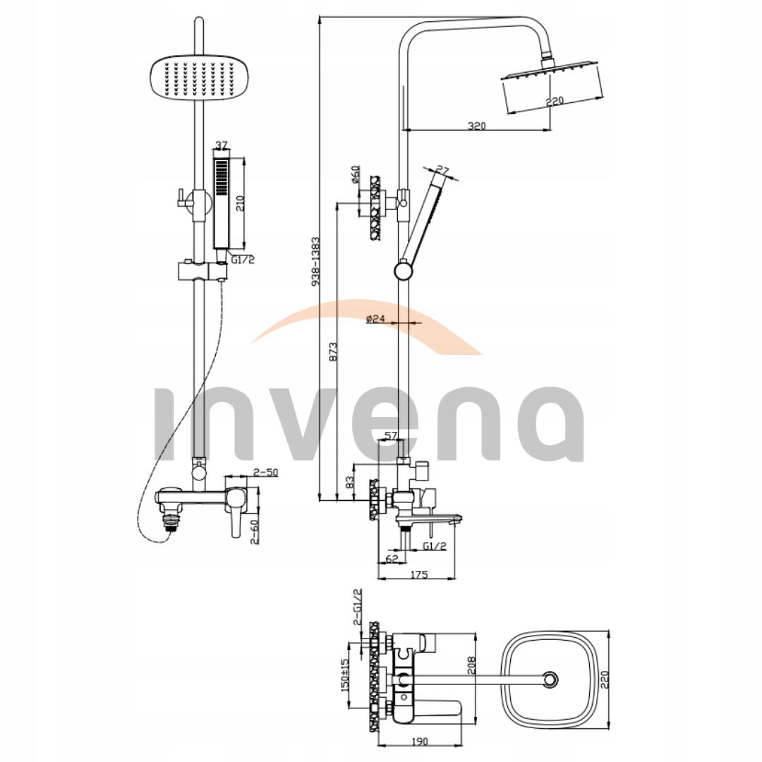 INVENA DESZCZOWNIA Z BATERIĄ WANN-NATR GLAMOUR INVENA TREND CHROM