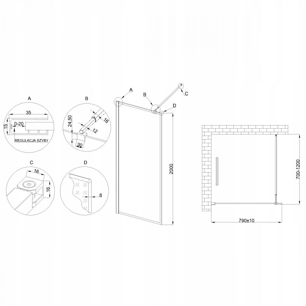 INVENA KABINA WALK-IN II 80X200CM RAMKA 8MM SHINY-GLASS CZARNY
