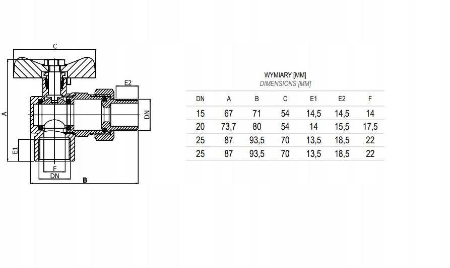 INVENA ZAWÓR KULOWY KĄTOWY ZE ŚRUBUNKIEM DN 25 Z CZERWONYM MOTYLKIEM PROV