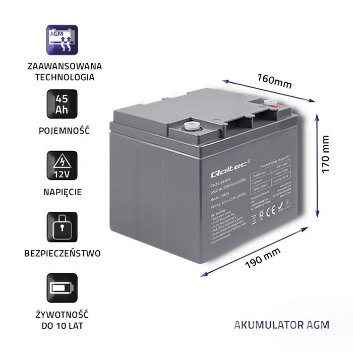 QOLTEC Akumulator AGM 12V 45Ah max. 540A