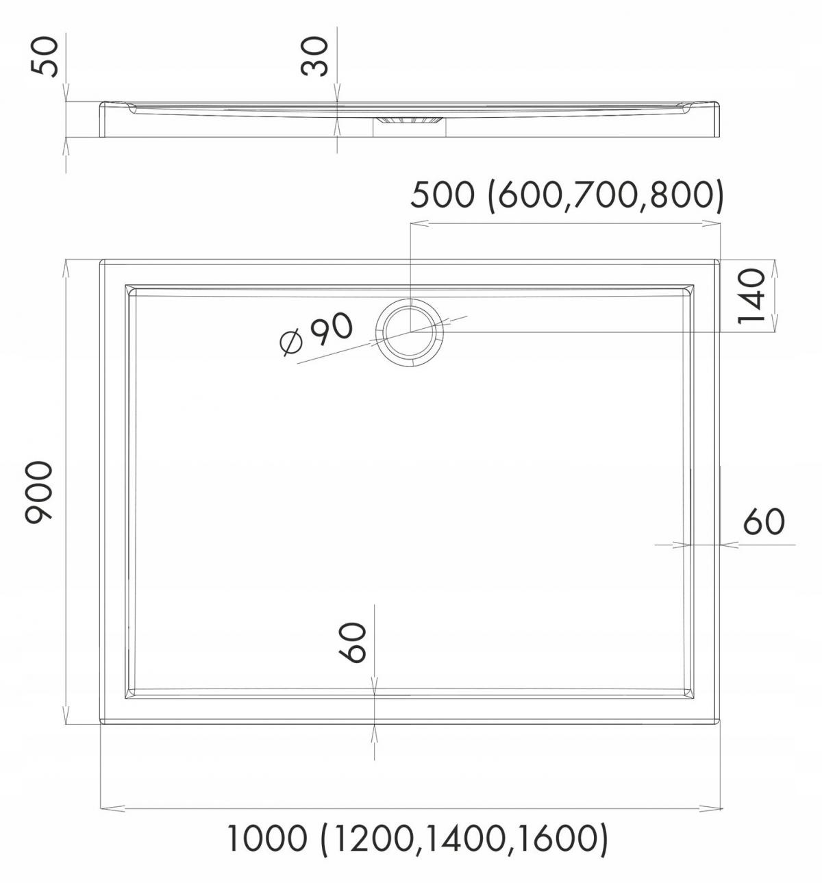 Brodzik akrylowy 3.267 Standard 90x120x5 cm Caspar, prostokątny odpływ na