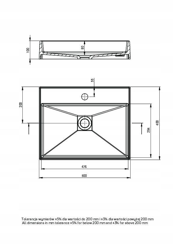 Umywalka granitowa stawiana na blat - 500x400 mm Correo, antracyt metalik