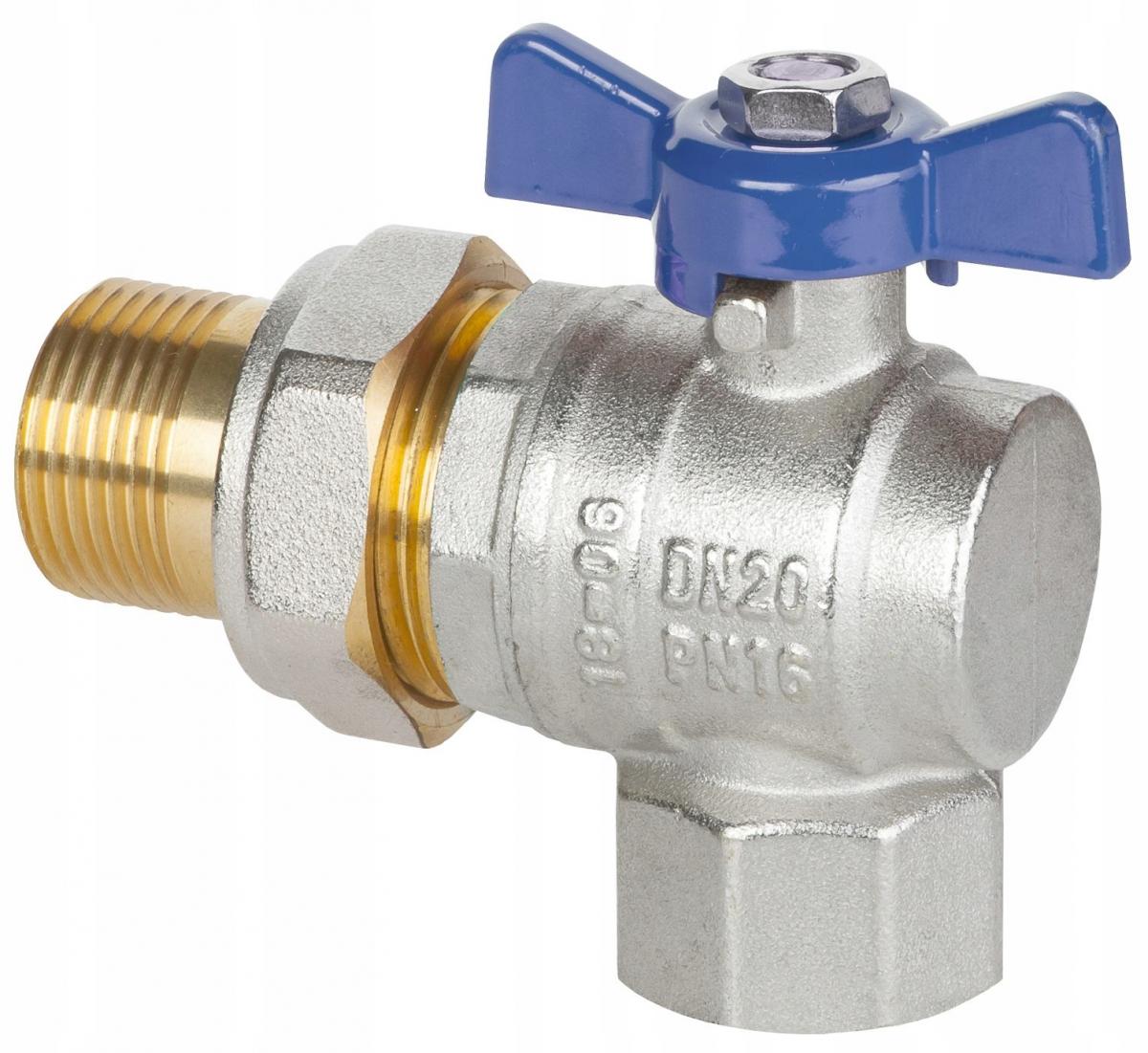 INVENA ZAWÓR KULOWY KĄTOWY ZE ŚRUBUNKIEM DN 25 Z NIEBIESKIM MOTYLKIEM PROV